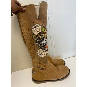 Don Ed Hardy Womens Fur Knee High Tiger Winter Snow Boots Size 10